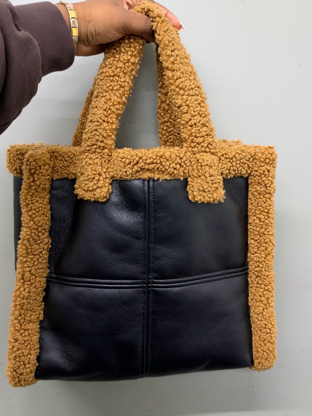 Stand Studio Shearling Weekender Faux Fur Tote Bag Black and Brown